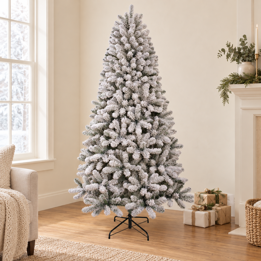 AI-generated room styling illustration of the ShopNEW 7 ft flocked Christmas tree with lights off; room accessories not included.