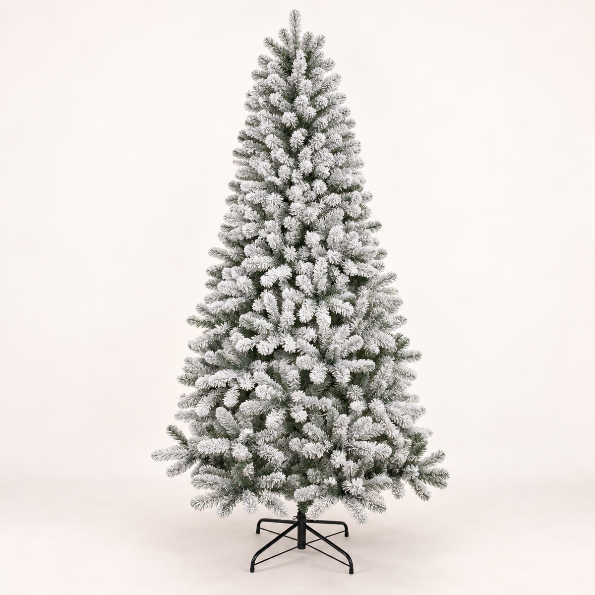 AI-generated studio illustration based on the ShopNEW 7 ft flocked Christmas tree reference, with the full tree and black stand visible and lights off.