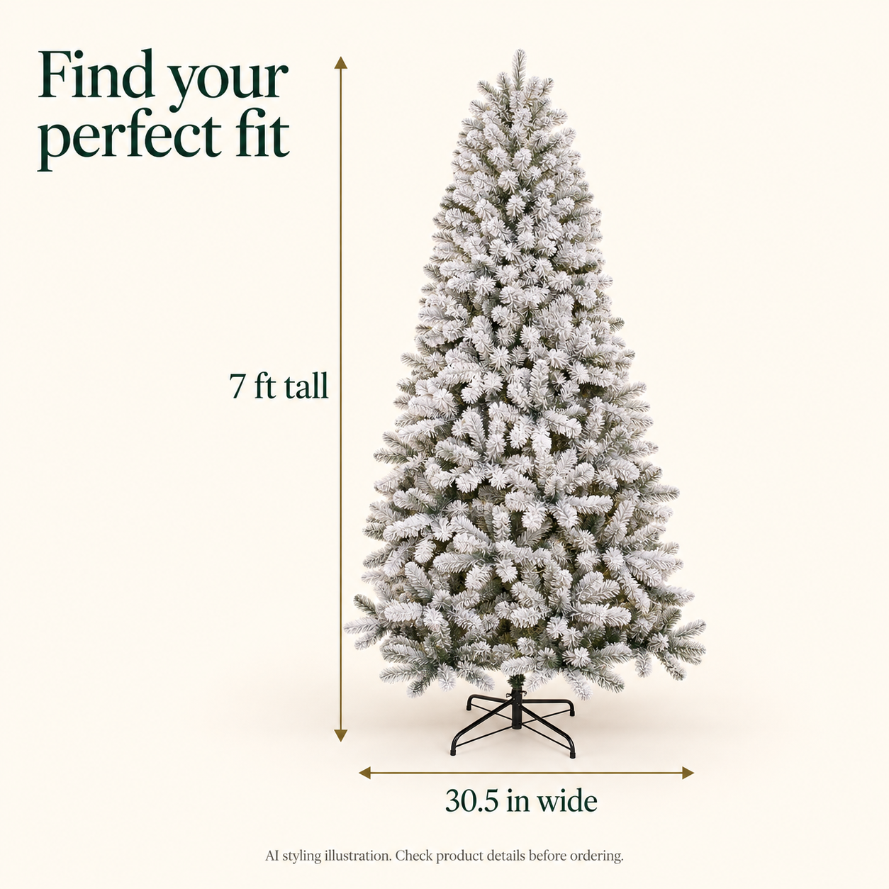 AI-generated size illustration for the ShopNEW flocked Christmas tree, showing 7 ft height and 30.5 in width; check product details before ordering.