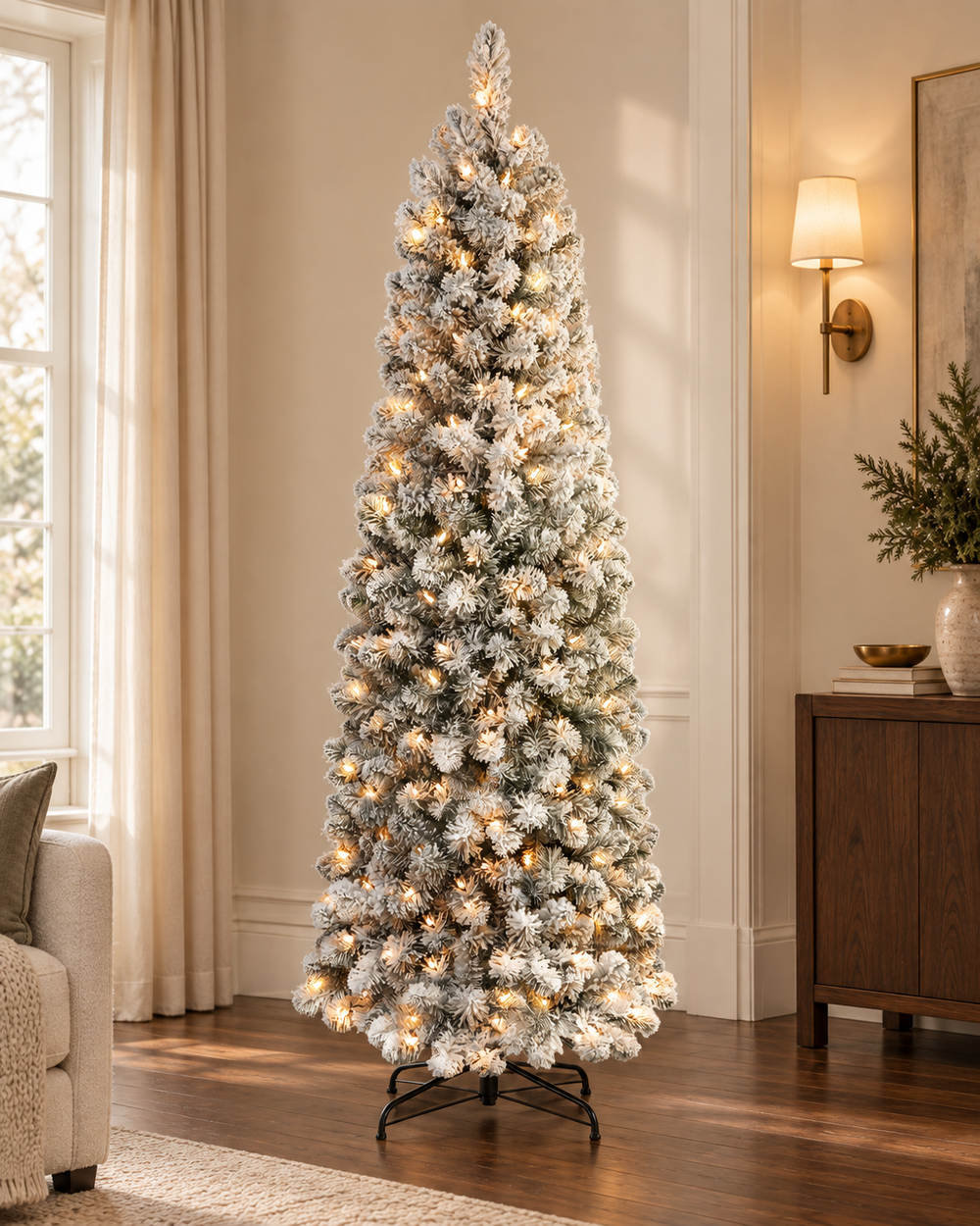 AI-generated styling image of the ShopNEW 7.5 ft snow-flocked slim pencil tree in warm-white lighting mode, in an ivory and walnut room. Based on this product's original images; furnishings are styling props and are not included.