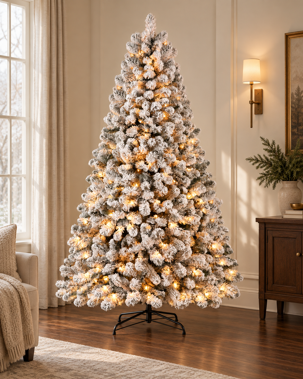 AI-generated styling image of the ShopNEW 7.5 ft full snow-flocked spruce tree in warm-white lighting mode, in an ivory and walnut room. Based on this product's original images; furnishings are styling props and are not included.