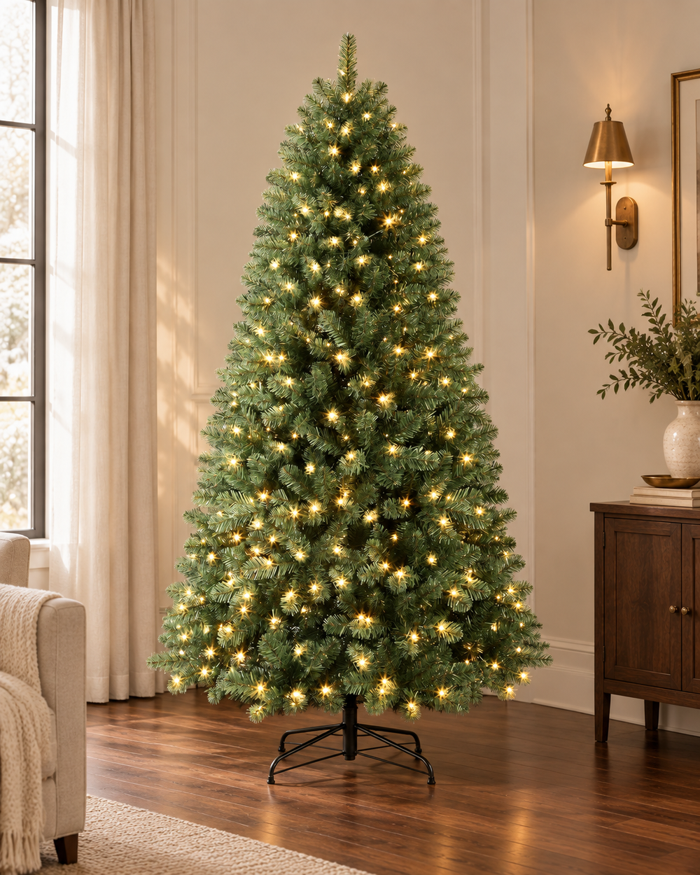 AI-generated styling image of the ShopNEW 7 ft green classic spruce tree in warm-white lighting mode, in an ivory and walnut room. Based on this product's original images; furnishings are styling props and are not included.