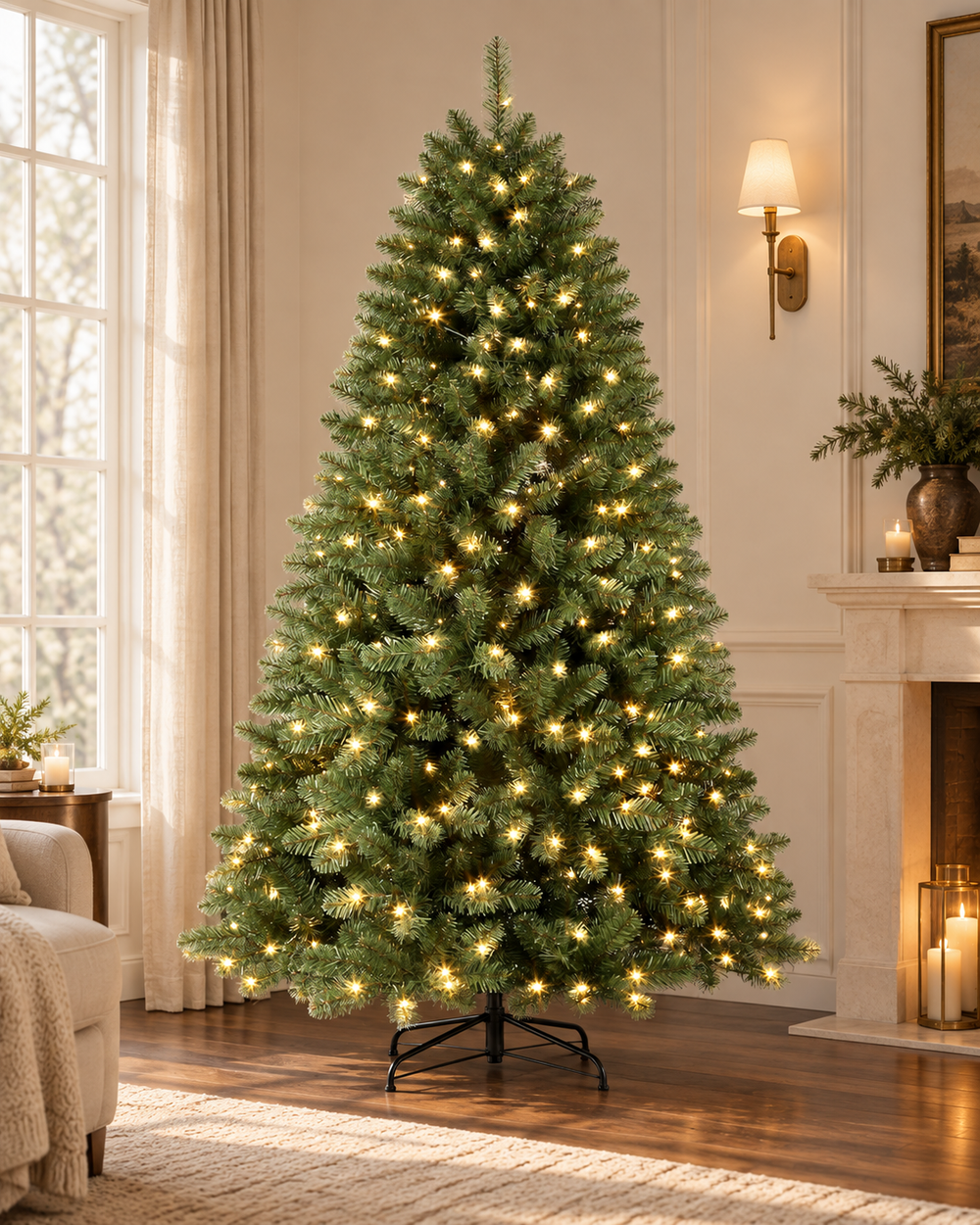 AI-generated styling image of the ShopNEW 7.5 ft green classic spruce tree in warm-white lighting mode, in an ivory and walnut room. Based on this product's original images; furnishings are styling props and are not included.