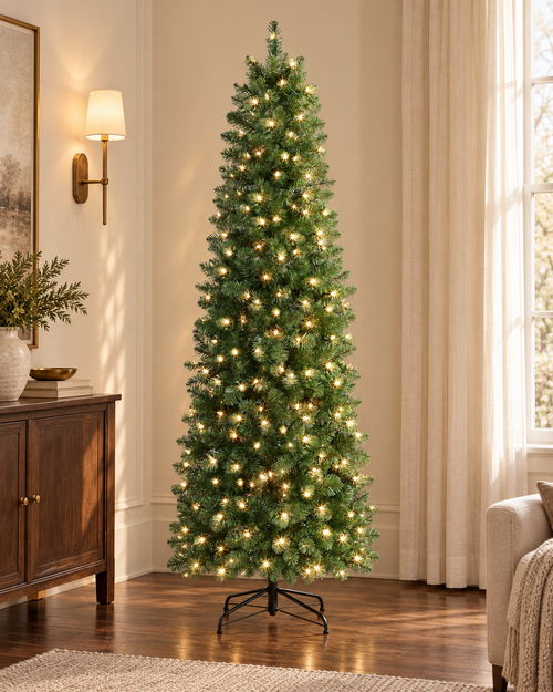 AI-generated styling image of the ShopNEW 6 ft green slim pencil tree in warm-white lighting mode, in an ivory and walnut room. Based on this product's original images; furnishings are styling props and are not included.