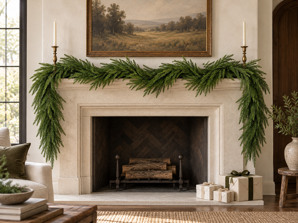 An unlit Norfolk pine garland draped across a pale stone fireplace mantel. AI-generated lifestyle scene based on the product image; accessories shown for styling.