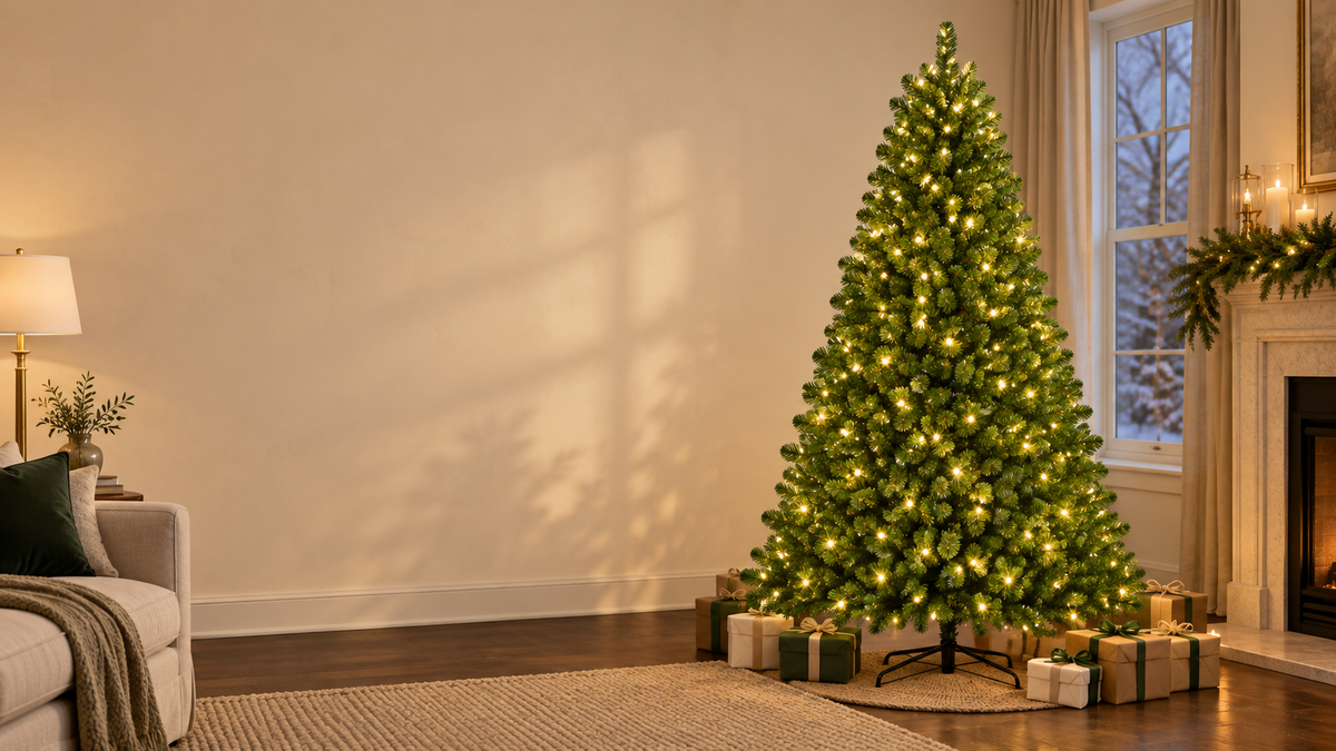 A green pre-lit Christmas tree glowing in warm-white mode in an ivory living room, styled with gifts. AI-generated lifestyle scene based on the product image; accessories shown for styling.