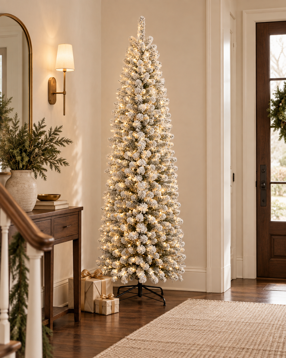 A slim snow-flocked Christmas tree with warm-white lights in a warm ivory entryway. AI-generated lifestyle scene based on the product image; accessories shown for styling.